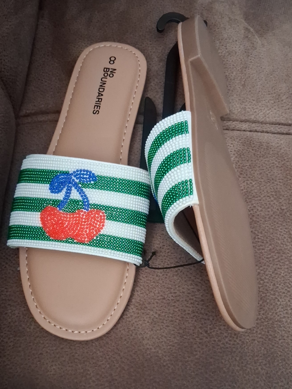 No Boundaries Green, White & Red Beaded Cherry Slide Sandals Size 8